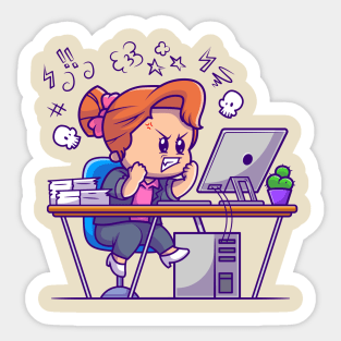 Angry Girl Working On Computer Cartoon Sticker